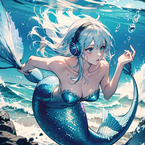 mermaid with headphones floating