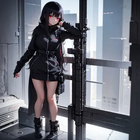 une fille, magnifique, tenue noir, robe avec des collants noirs, corps parfait, yeux rouge, regard froid, regard envoutant, vise avec un sniper sur un toit, style cyberpunk, 3d haute qualité