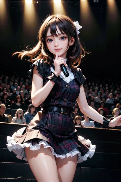 very cute and beautiful girl,(highly detailed beautiful face),(smile:1.25),happy,
black hair,looking at viewer,dancing,singing,beautiful legs,cowboy shot,
plaid scarlet idol costume like AKB48,teen akiba idol,detailed frills,
live stage,concert hall,spot l...