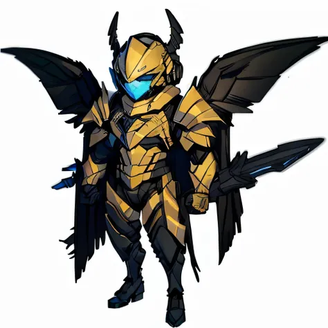 Robot, black armour, gold accents, Futuristic armor, wings in the ear, yellow lights.