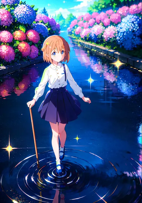 (solo), cute little (1girl) walking,path,[from below:1.2],sine short hair,puddle,water reflection,rain,floating water drop,hydra...