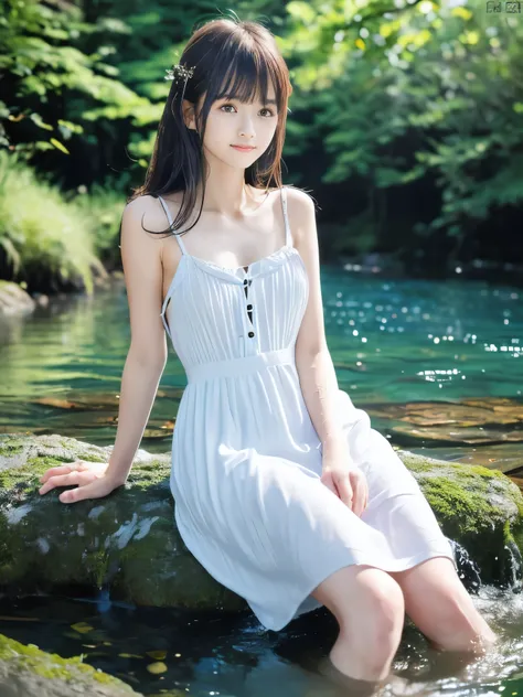 (Portrait of slender small-breasted half up brown long hair with bangs girl wearing a white summer dress:1.5)、(One girl is sitting with small smile in the clear stream and water fall at the forest in Japan:1.5)、(Summer beautiful blue sky and sea:1.5)、(blur...