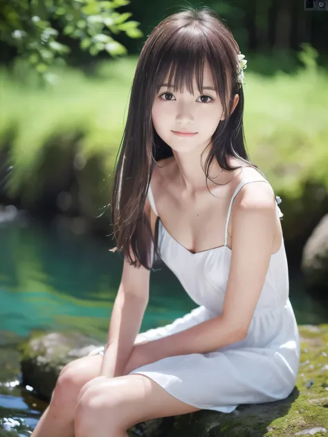 (Portrait of slender small-breasted half up brown long hair with bangs girl wearing a white summer dress:1.5)、(One girl is sitting with small smile in the clear stream and water fall at the forest in Japan:1.5)、(Summer beautiful blue sky and forest:1.5)、(b...