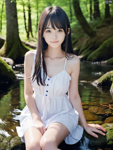 (Portrait of slender small-breasted dark silver long hair with swept bangs girl wearing a white summer dress:1.5)、(One girl is sitting with small smile in the clear stream and water fall at the forest in Japan:1.5)、(Summer beautiful blue sky and forest:1.5...