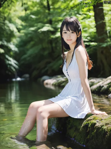 (Portrait of slender small-breasted dark silver long hair with swept bangs girl wearing a white summer dress:1.5)、(One girl is sitting with small smile in the clear stream and water fall at the forest in Japan:1.5)、(Summer beautiful blue sky and forest:1.5...