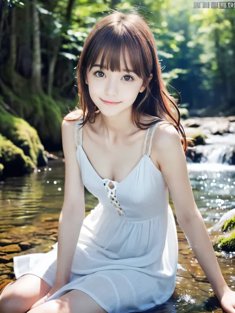 (Face shot of slender small-breasted red brown wavy long hair with dull bangs girl wearing a white summer dress:1.5)、(One girl is sitting with shy smile in the clear stream and water fall at the forest in Japan:1.5)、(Summer beautiful blue sky and forest:1....