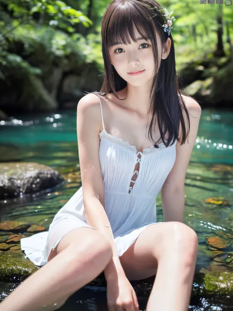 (Close up portrait of slender small-breasted half up brown long hair with bangs girl wearing a white summer dress:1.5)、(One girl is sitting with small smile in the clear stream and water fall at the forest in Japan:1.5)、(Summer beautiful blue sky and fores...