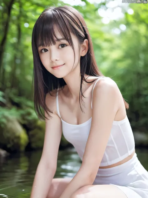 (Close up portrait of slender small-breasted half up brown long hair with bangs girl wearing a white underware:1.5)、(One girl is playing with small smile in the clear stream and water fall at the forest in Japan:1.5)、(Summer beautiful blue sky and forest:1...