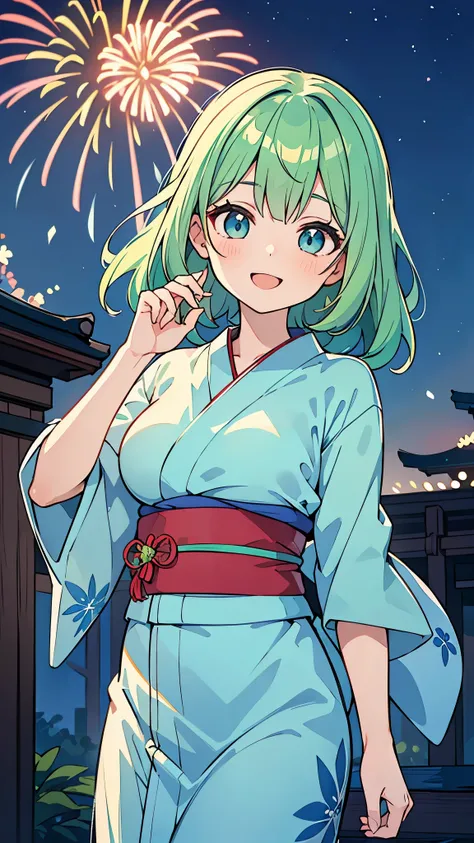 ((A Pretty girl with green hair and blue eyes)), ((wearing the Japanese yukata)), Baby face, ((top-quality, master piece, ultra-definition, high resolution)), anime girl, ((ultra-detailed illust:1.2)), only one person, bangs, hair between eye, beautiful ha...