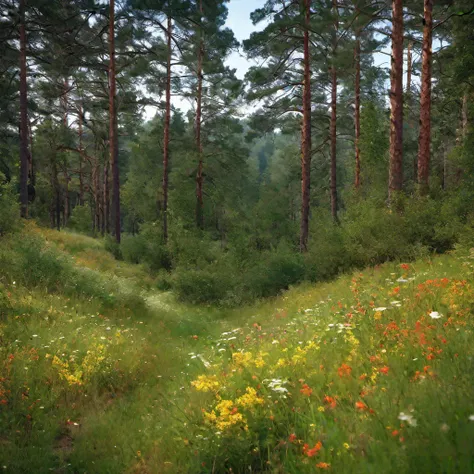 Forest field with pinetrees and flowers8