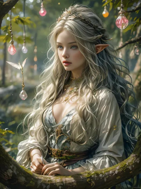 (masterpiece, best quality: 1.2), 1 elf girl solo, beautiful, expressive face, fair skin, clear crystal clear eyes, long white hair, a silver elven crown on her head, detailed and intricate jewelry, light robes details en fois silver, fairy tale, magical, ...