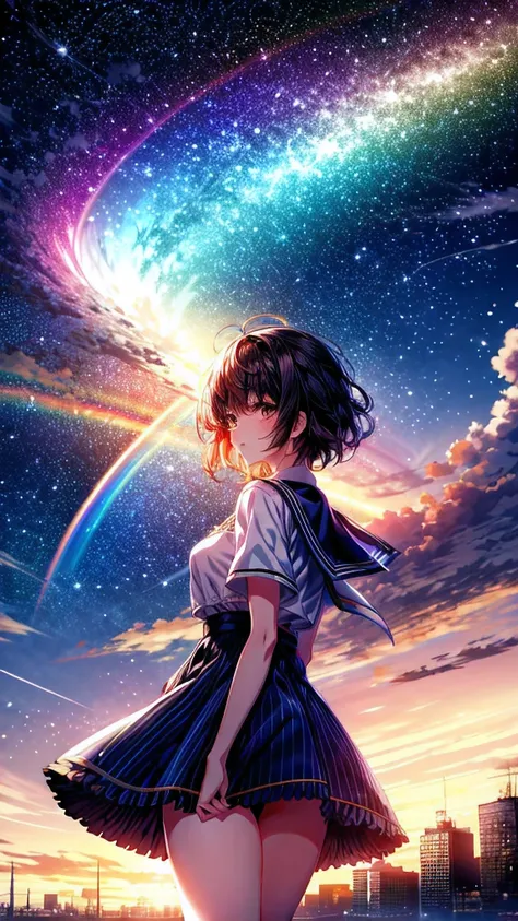 ((rainbow giant))、anime girl looking at the big city scenery,near future city、 makoto shinkai cyril rolland, anime art wallpaper...