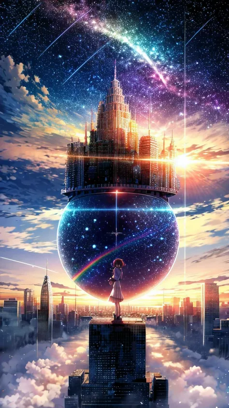 ((rainbow giant))、anime girl looking at the big city scenery,near future city、 makoto shinkai cyril rolland, anime art wallpaper...