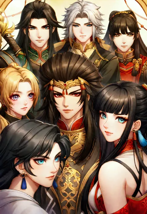 a close up of a group of people standing next to each other, game cg, xianxia fantasy, chinese fantasy, full body wuxia, chinese mmorpg, xianxia hero, korean mmo, wuxia, dynasty warriors, g liulian art style, mmorpg, by Ren Renfa, inspired by Pu Hua, mmorp...