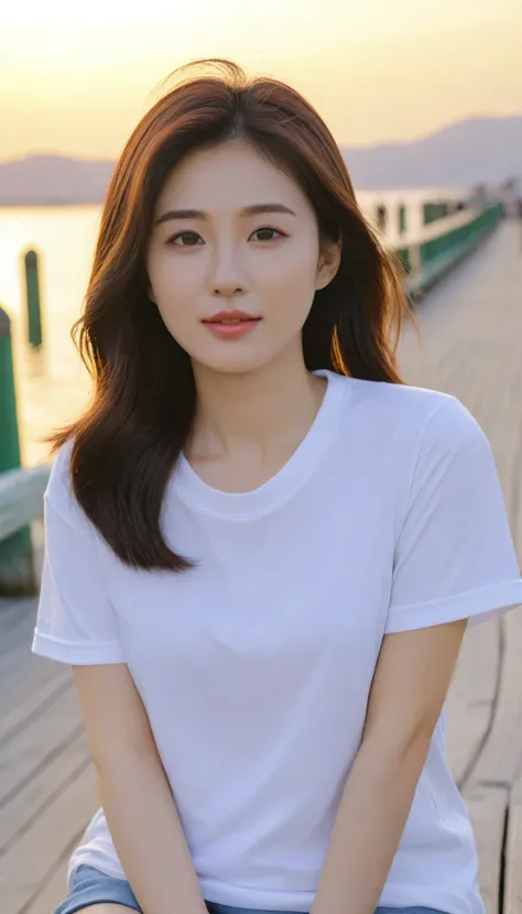 Close-up photo of a beautiful Korean woman, Bust size 34 inches, Wear a T-shirt, sitting on the pier, sunset light, UHD