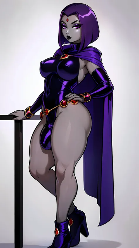 (solo:1.1),(masterpiece), (best quality:1.3), ultra detailed, intricate, professional art, digital art, absurdres, shadraven, (Full body view:1.1), 1girl, solo, (grey skin:1.4), dark purple hair, bob hair, dark purple eyes, hips wider than shoulders, pear ...