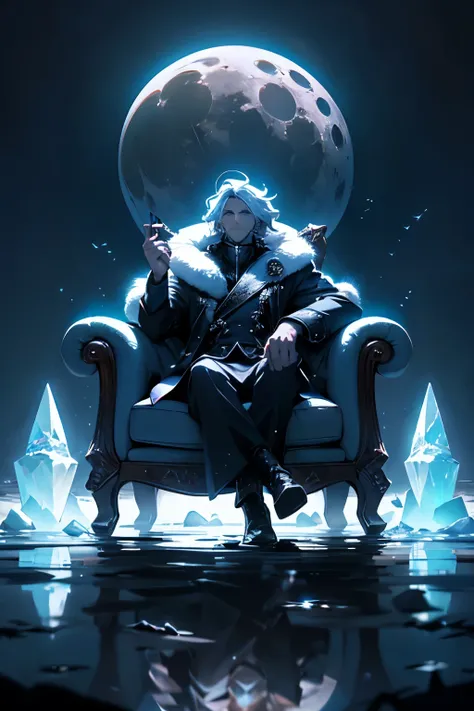 a guy sitting in a crystal chair in the middle of the lake and a square moon lights up the sky