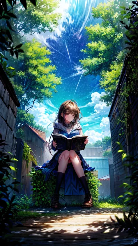 A teenage girl sitting under a tree reading a spellbook , get lost , Floating sticks in art  , Beautiful magic in shades of green , Very detailed , Ultra-high resolution , masterpiece ,