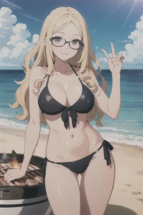 ((Highest quality)), ((masterpiece)), (detailed), One girl, sexy、Glasses、Blonde、Long Hair、Curly Hair、Thin shirt、Light clothing、steak、barbecue、Ocean、bikini、smile、High contrast、Dazzling Sun、Wet、