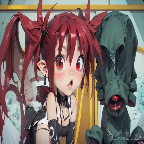 (((Etna (disgaea)))),11 years old,((Demon girl,demon wings, red wings,mini wings,demon tail,tail,fang)), 1 demon girl, girl,1girl,((extremely cute and beautiful demon yellow haired girl)),((pointy ears)),

(flat chest:1.4),((((red hair,twintails)))),(((red...