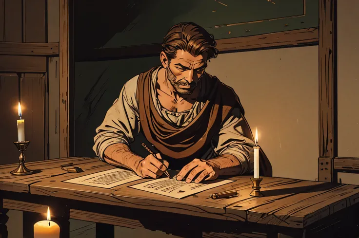 Make a picture of an man 2000 years ago writing a letter with a feder on a old wooden table with a candle on it.