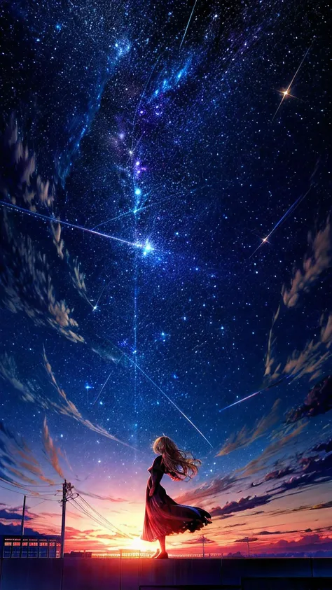 1people々々々々々々々,Blonde long-haired woman, Dress Silhouette, Side view,Space Sky, comet, Anime Style, Starry sky seen from the rooftop,