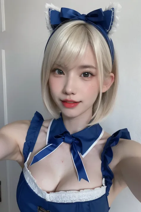 RAW Photo, (8k), (Best Quality: 1.2), (Real), (Real: 1.37), Ultra High Resolution, Young Woman, White Blonde Bob Hair, A young woman is wearing a blue and white maid outfit with lace details and ribbons. She has a blue headband with cat ears and white and ...