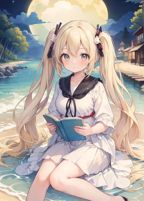 (masterpiece、Highest quality、Highest quality、Official Art、Beautiful and beautiful:1.2)、(One girl:1.3)Hatsune Miku、Twin tails,Beautiful breasts, Katsushika Hokusai, masterpiece, Highest quality, One Girl, Long white hair，Yellow Hair，White Dress，Cute rabbit ...