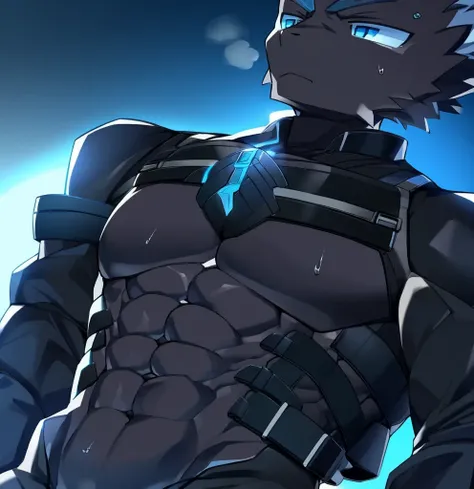 Thin macho　western black dragon　　abs　　　　　Hollow abs　　body suit　　thick arms　　　chest rig　　　、sweaty　　　skin glow　　profile　　Wearily　short of breath　　  　Chemo shota　　Thick chest have a 　blue eyes　Tired look　Glowing abs　Deep abdominals jacket　profile　one person