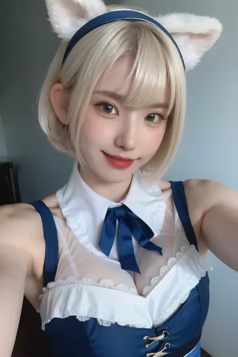 RAW Photo, (8k), (Best Quality: 1.2), (Real), (Real: 1.37), Ultra High Resolution, Young Woman, White Blonde Bob Hair, A young woman is wearing a blue and white maid outfit with lace details and ribbons. She has a blue headband with cat ears and white and ...