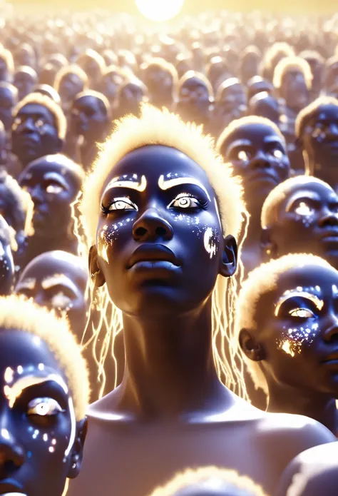 Close up shot of large crowd of black people with glowing white eyes looking up at the viewer, eyes shining white, empty area with ethereal smoke covering the farm, white sun in background shining a light providing a white and light yellow colour grading, ...