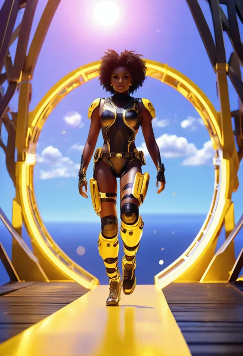 Black woman walking on a floating yellow wooden bridge in outer space, spherical portal in background connecting to the bridge, (((yellow sunshine in sky shining a light   providing a beautiful and vibrant glowing cinematic scene))), ultra HD, hyper-realis...