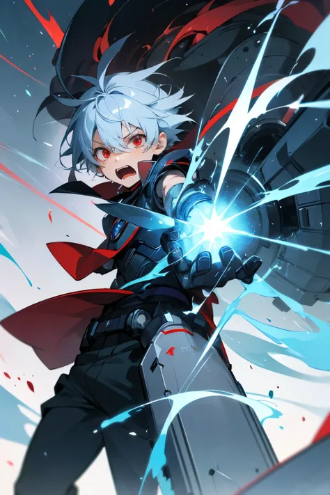 A boy of about 7 years old with silver hair and red eyes. Shota Cyborg. His right arm transforms into a cannon.、It is being charged with blue energy. It is moving at a rapid pace. Its expression is full of rage even as it cries. A cannon loaded with a larg...