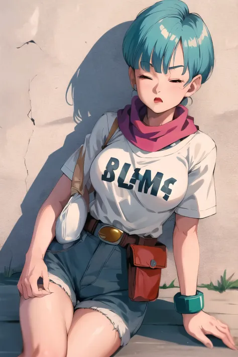 masterpiece, best quality, highres, dragon ball, blmpony, aqua hair, bowlcut, white sweater, belt, scarf, white jean shorts, clo...