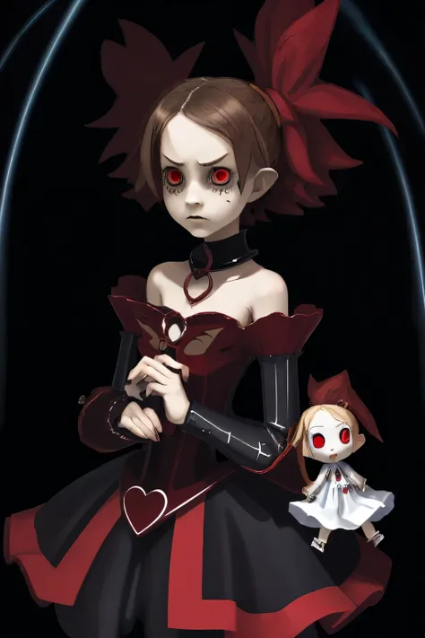 The Red Queen is a evilness,appearence a 13 years old teenage girl.red hologram((portrait: 1 girl))angry expression, pixar style, Dark, Negative, twisted, weird, (Big super-detailed eyes, Childrens doll eyes), dark makeup under the eyes, mysterious backgro...