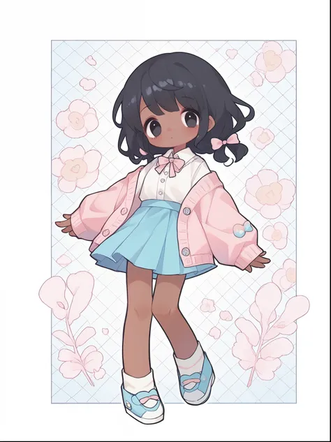 woman、pastel black hair、pastel pink cardigan with buttons and bow、pastel blue skirt、full body、dark skin、black eyes