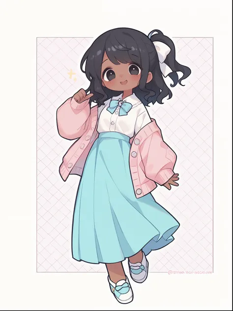 woman、pastel black hair、pastel pink cardigan with buttons and bow、pastel blue skirt、full body、dark skin、black eyes、long skirt、sm...