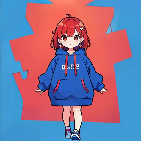 One Girl, Redhead, Medium Hair,cute,Earrings Flower Hair Ornaments, Dear Kurt, 8k resolution, 8K quality, Blue background, Brown eyes, Walking,Large hoodie,SD character,whole body,Down to the feet