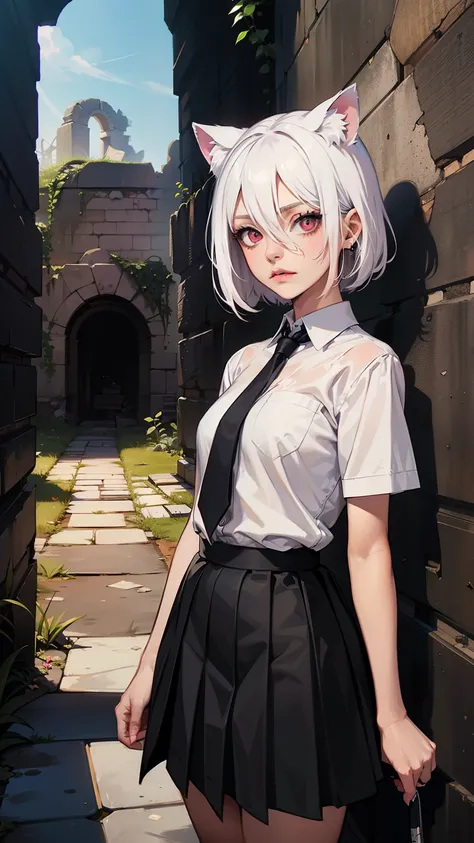 White hair. shorth hair.  アニメ. Eyes red. glare eyes. nekomimi. white  clothes. Black Skirt. pink necktie.,(Ruined dungeon ruins background:1.4 )