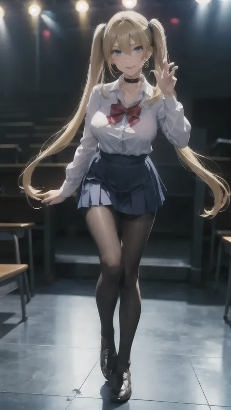 ((on stage)),((high school girl)),((school uniform)),((White blouse)),(((Pleated mini skirt))), ((A shy smile)),((Beautiful legs)),((Beautiful feet)),Ultra-high resolution, Mature Woman, Mature Woman, Very detailed, ((Big Breasts)), Perfect hands, Detailed...