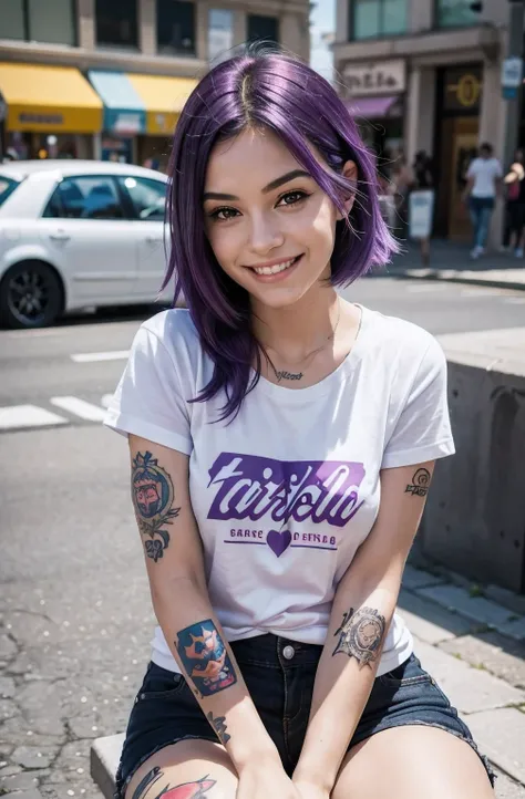 street photography of a young woman with purple hair, SMILE, happy, beautiful t-shirt, tattoos on his arms, sitting in a 50's restaurant