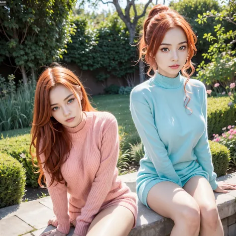 ((raw photo), absurd, (absurdresolution)), 21 year old young woman with pink redorange hair and brown sweater posing, (the most ...