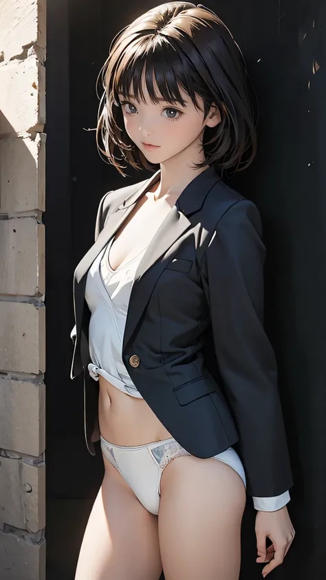 Highest quality, masterpiece, Ultra-high resolution, (Realistic:1.5), RAW Photos, One girl, A skinny girl with small breasts、In the Dark, Deep Shadow, Modest, Cold Light, Sexy look, short hair, (Blazer uniform)、The skirt is twisted by the wind、I can see he...