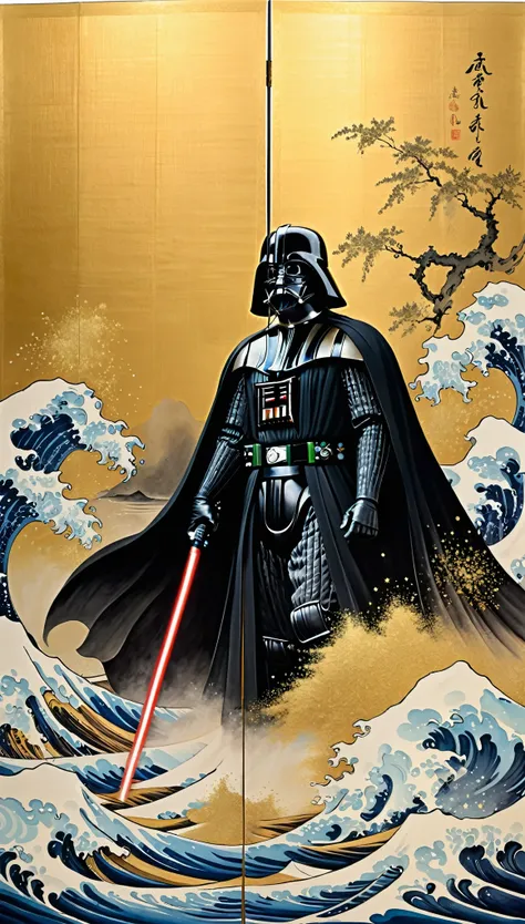 masterpiece,Folding screen depicting Tarz Vader,Ink and water Japanese painting,(Beautiful gradation created by layering),(Tarashikomi technique),(Gold dust base),(dynamic)