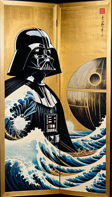 masterpiece,Folding screen depicting Tarz Vader and the Death Star,Ink and water Japanese painting,(Beautiful gradation created by layering),(Tarashikomi technique),(Gold dust base),(dynamic)