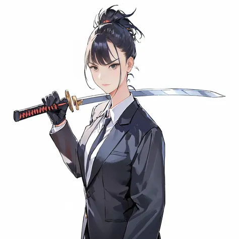 a girl in a suit holding a sword and a sword in her hand, holding katana, holding a katana, dramatic wielding katana pose, wield...