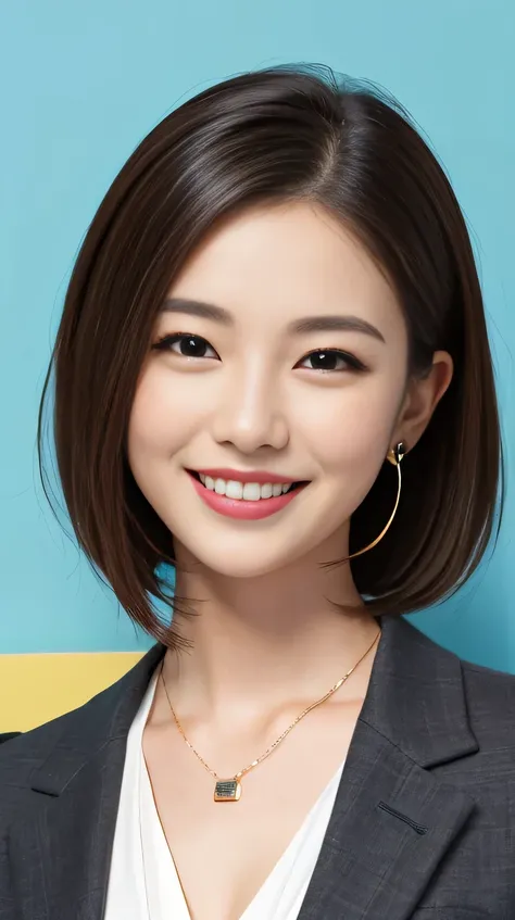 High resolution, Very detailed, Intricate details, 、ear piercing、smile、Beautiful teeth alignment、short hair、Black Hair、Clear beauty,Office Lady Suits 、Necklace around the neck、, The background is the office
