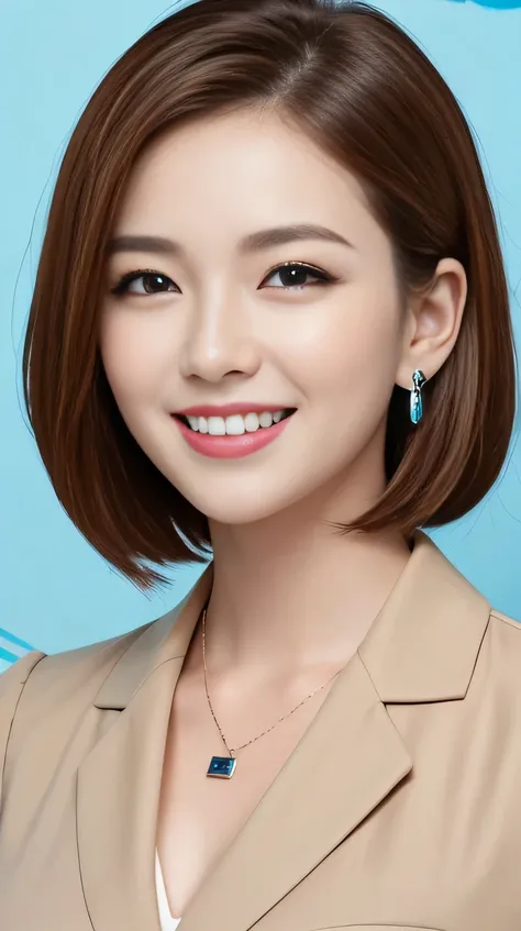 High resolution, Very detailed, Intricate details, 、ear piercing、smile、Beautiful teeth alignment、short hair、Brown Hair、Clear beauty,Office Lady Suits 、Necklace around the neck、, The background is the office
