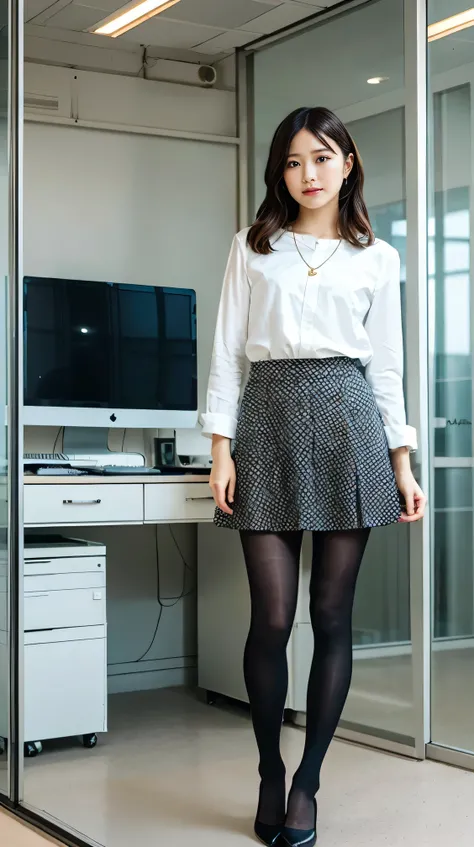 (Highest quality, masterpiece, Realistic, whole body photos、 Ultra-high resolution, ),  office lady suit、Knee-length skirt、tights、pumps、necklace, (office, indoor, Glass Room), (Long legs,  whole body:1.2), 