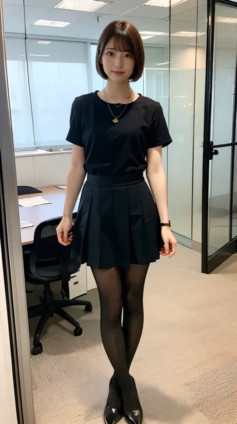 (Highest quality, masterpiece, Realistic, whole body photos、 Ultra-high resolution, ), Light brown hair、Short Haircut、office lady suit、Knee-length skirt、tights、pumps、necklace, (office, indoor, Glass Room), (Long legs, whole body:1.2),
